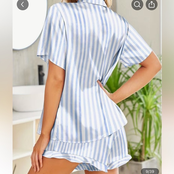Striped Blue and White Satin Pajama Set - Picture 2 of 5